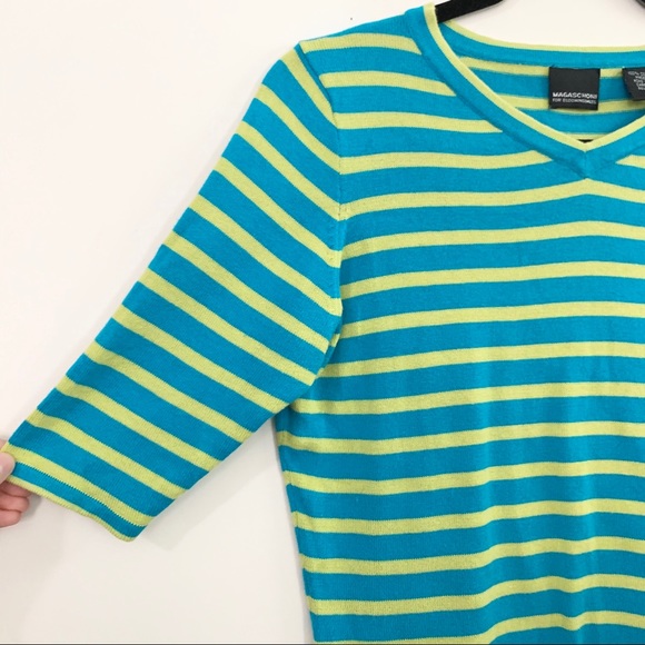 MAGASCHONI Striped Blue and Green V-Neck Shirt - Picture 2 of 4